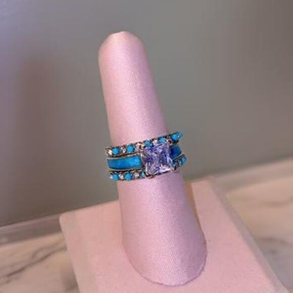 New 3-ring set Sz 6 Silver Turquoise Solitaire Band Stone Native Layered - Picture 8 of 8